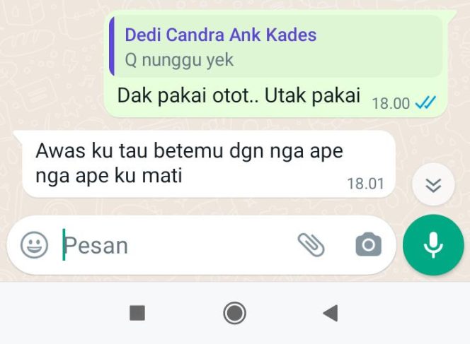 
 Anak Kades Bingin Jungut Kabupaten Musi Rawas Ancam Bunuh Wartawan Melalui Pesan Whatsapp