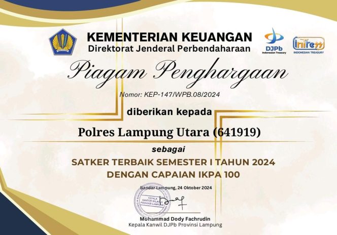 
 Jadi Satker Terbaik Semester I 2024, Polres Lampung Utara Terima Penghargaan Kementerian Keuangan